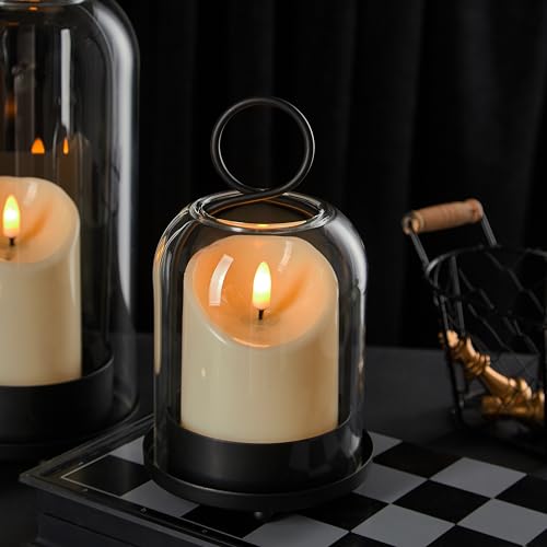 5"&4" Metal Candle Holder with Handmade Glass Dome in Brass & 2 Timer Candles, Set of 2 Versatile Hurricane Glass Candle Holders for Pillar Candles & Plants - color: Black