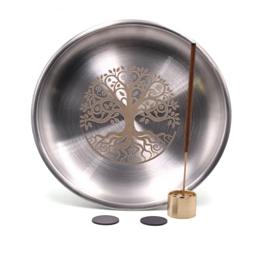 5.5inch Altar Ritual Plate Dish Stainless Steel Flat Bowl Round Metal Jewelry Tray Prayer Astrology Tarot Offering Plate Ring Trinket Holder for Smudging Decoration Trays Silver (Tree of Life Silver) - color: Tree of Life Silver