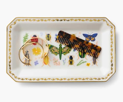 RIFLE PAPER CO. Curio Large Catchall Tray - Porcelain Storage Tray, Colored Illustrations and Metallic Gold Accents, 10" L x 6" W x 1" H, Perfect for Trinkets, Keys, Mail, and Jewelry - color: Curio