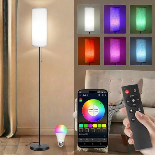Floor Lamps for Living Room RGB Color Changing Bulbs Dimmable Color Brightness Modern Standing Lamp Remote Control Tall Lamp Chain Switch for Bedroom Office 9W LED Bulb Included, White Shade RGB Bulb - color: White Shade+RGB Bulb