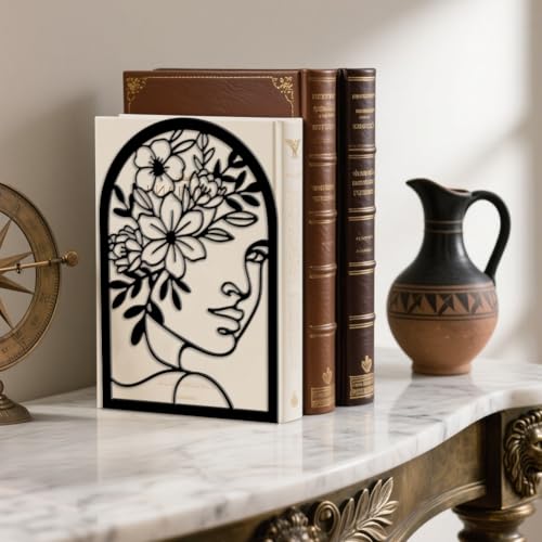 Peacoblue Metal Bookends for Shelves, Modern Decorative Heavy Duty Study Book Ends Stoppers for Office, Desk, Shelf, Room 5.3"x4.3"x7.9" Cast Iron Tall Bookends 1 Pair (Lines Flowers with Faces) - style: Lines Flowers With Faces