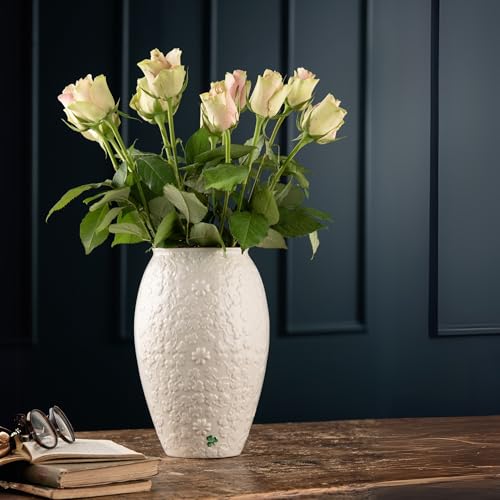 Belleek Field of Shamrocks Vase - White Flower Vase Handcrafted Fine Parian China Irish Decor, 6.3" W x 10" H