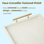 Set of 2 Modern Elegant Large Wood Serving Tray, Rectangle Decorative Tray Ottoman Tay Coffee Table Tray, Pearl White Crocodile Leather with Gold Polished Metal Handles - style: White Crocodile Tray