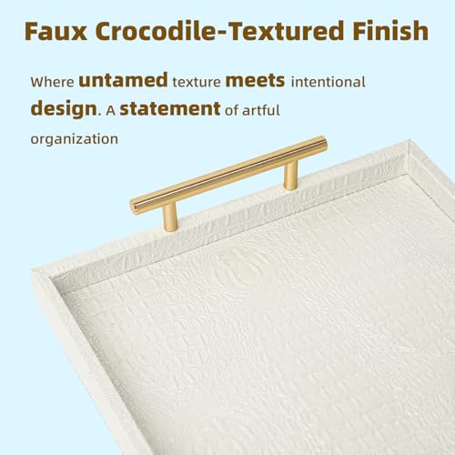Set of 2 Modern Elegant Large Wood Serving Tray, Rectangle Decorative Tray Ottoman Tay Coffee Table Tray, Pearl White Crocodile Leather with Gold Polished Metal Handles - style: White Crocodile Tray