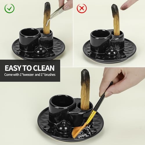 Palo Santo Sticks Holder, Multi-Purpose Handmade Ceramic Incense Burner for Palo Santo Incense Sticks, Sage Holder for Burning, Ash Catcher Tray for Meditation Yoga Room (Black) - color: Black
