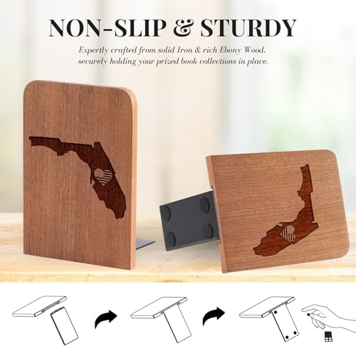 Florida Gifts for Women Men, Florida Themed Souvenirs - Heavy Duty Iron & Ebony Wood Book Ends for Shelves Bookcase Desk - 1 Pair, 4.72x6.69 Inches - Heart - color: Heart
