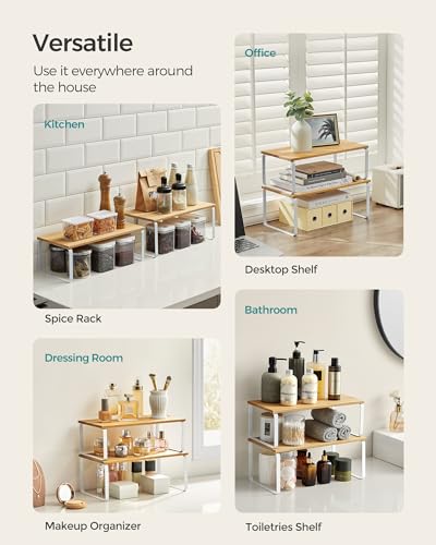 SONGMICS Cabinet Organizer Shelf, Set of 2 Kitchen Counter Shelves, Kitchen Storage, Spice Rack, Stackable, Expandable, Metal and Engineered Wood, Cloud White and Natural Beige UKCS200W01 - color: Cloud White + Natural Beige, size: 15.6"W