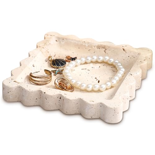 Threehoney 5.5 Inch Small Travertine Scallop Edge Stone Tray Marble Jewelry Dish Trinket Tray for Women, Perfume, Coffee Table(Square) - style: Square