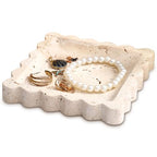 Threehoney 5.5 Inch Small Travertine Scallop Edge Stone Tray Marble Jewelry Dish Trinket Tray for Women, Perfume, Coffee Table(Square) - style: Square