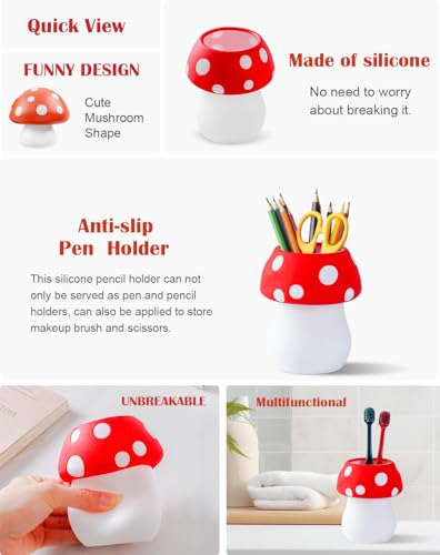 Silicone Pen Holder Cactus Pencil Holder Cute Pens Cup for Desk for Kids Office Decor Desk Accessories Pen Pot Desk Organizer (Red Mushroom) - color: Red Mushroom