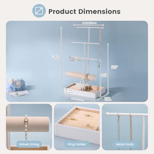 Lolalet Jewelry Holder Tree with Velvet Tray, 4 Tiers Necklace Display Stand Rack with Ring Slots Organizer for Earrings Bracelets Bangles Ring, Valentine's Day Gift -White - color: White
