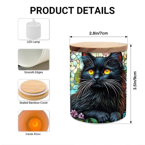 Stained Glass Black Cat Memorial Tea Light Holder Candle Jar Vintage Glass Candlesticks, Animal Votive Candle Holders Tealight with Bamboo Lid, Colorful Flowers Tea Light Holder for Lost Pet - color: Black Cat