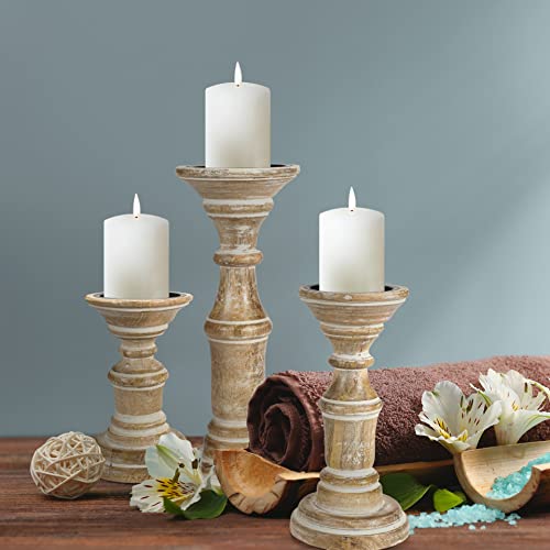 Candle Holder Stand Wooden, Pillar Candle Holders, Unity Candle Holders, Rounded Turned Colums, Country Style Ideal for Gift, Wedding, Christmas, Party, Home,Spa - 10,8,6 Inch- Set of 3, White Wash - color: White Wash, size: 10,8,6 Inch Set of 3 - Mid Cut
