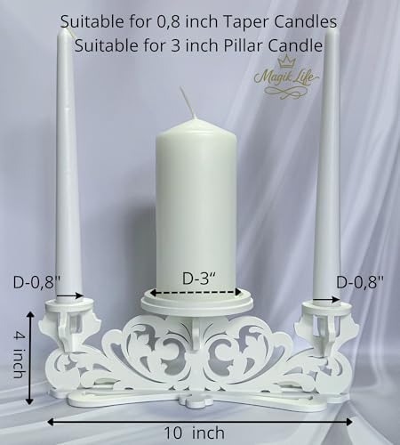 Wooden Unity Candle Holder – Solid One-Piece Triple Candle Stand – Handcrafted from Natural Wood – Painted in Safe Premium White Finish – Fits 2 Taper (0.80”) & 1 Pillar Candle (3”)