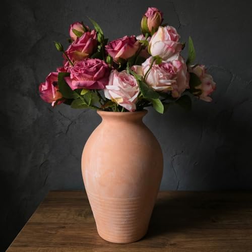 Ceramic Whitewashed Terracotta Farmhouse Vase, 9.2 inch Height, Pottery Decorative Flower Vases,Clay Decorative Vases for Home Decor, Table, Living Room, Shelf, Mantel Decoration (Terracotta White) - color: Terracotta White