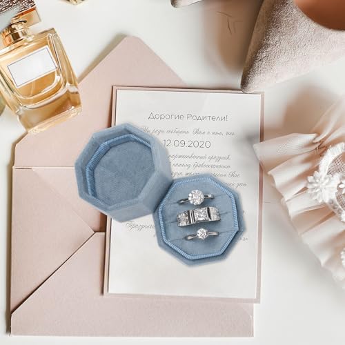 WantGor Velvet Ring Box, 3 Slots Jewelry Ring Gift Box Vintage Ring Display Holder Case for Wedding Ceremony Proposal Engagement (Ocean Blue) - color: Ocean Blue