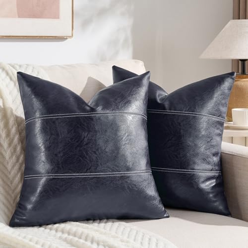 Fancy Homi 2 Packs Navy Blue Faux Leather Decorative Throw Pillow Covers 18x18 Inch for Living Room Couch Bed Sofa, Modern Farmhouse Boho Home Decor, Hand Stitched Accent Square Cushion Case 45x45 cm - color: Navy Blue, size: 18" x 18" (Pack of 2)