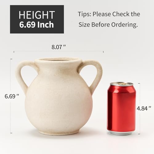 LUKA Antique Ceramic Vase with 2 Handle,6.7 inches Rustic Vase Minimalist Decor, Decorative Vases for Home Decor, Table, Living Room, Shelf, Christmas Decoration(Small,White) - color: S-white(6.42 In)