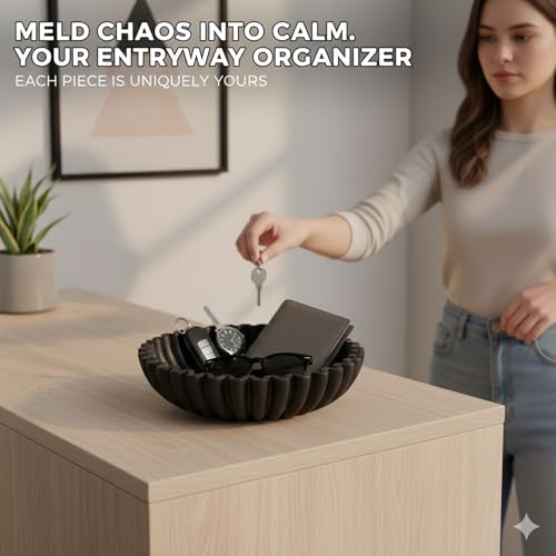 Hand-Poured Solid Concrete Decorative Bowl - Scalloped Ruffle Large Fruit Bowl, Organic Modern & Wabi Sabi Centerpiece for Kitchen Counter, Entryway Key Holder, Coffee Table Decor(10" Black) - color: Beige