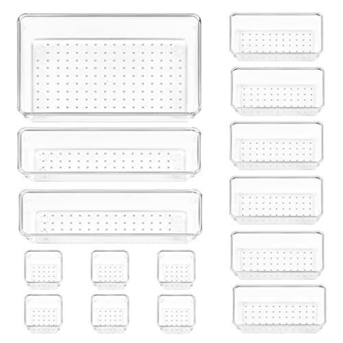 Vtopmart 15 PCS Clear Plastic Drawer Organizers Set, 4-Size Versatile Bathroom and Vanity Organizer Trays, Non-Slip Storage Containers for Makeup, Jewelries, Bedroom，Kitchen Utensils and Office - style: 15 PCS
