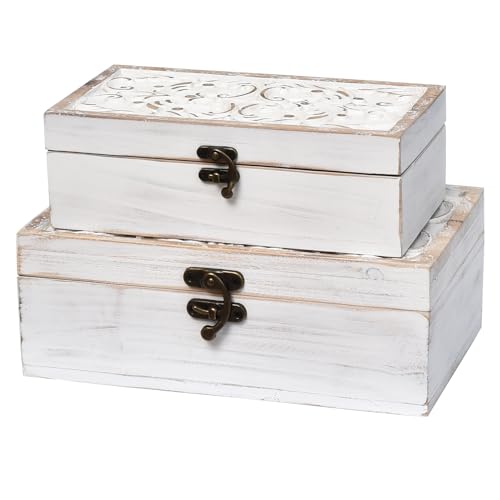 DECOR4SEASON White Wooden Storage Box Set of 2 - Distressed White-Washed Decorative Boxes with Hinged Lids - Hand Carved Solid Pine Organizer for Jewelry, Keepsakes, and Shabby Chic Home Décor - color: White, size: S&M