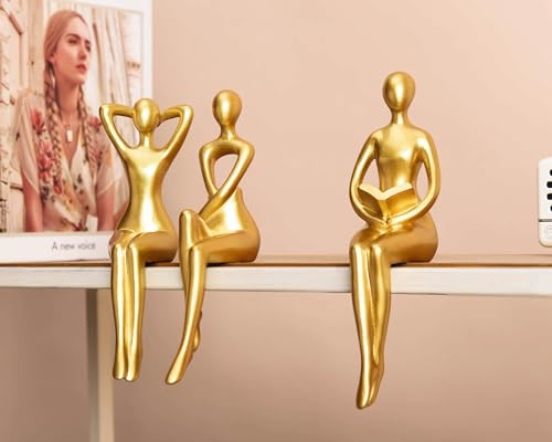 Quoowiit Gold Decor Thinker Statue Decor Book Shelf Decor, Abstract Statue Ornament Office Decor Modern Home Decor Decorations for Living Room Collectable Figurines Coffee Table Decor 3 Piece - color: Gold