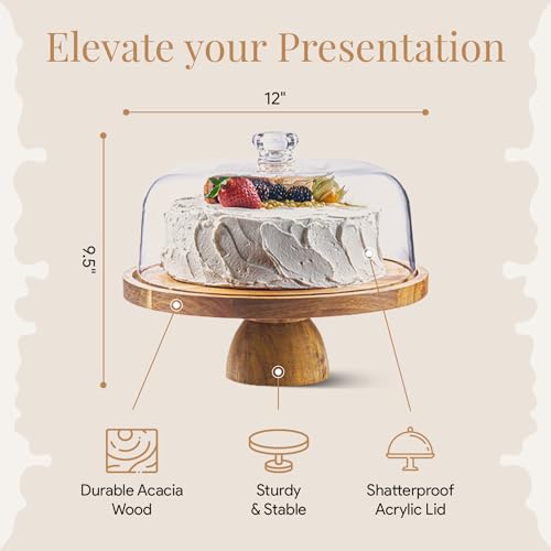 HOMESPHERE Acacia Wood Cake Stand with Lid - Cake Stand with Dome,12in Round Cake Holder, 2-in-1 Dessert Table Display Set & Charcuterie Board for Cheese, Chips & Dips, Fruit Platter, Large Acrylic Cake Dome Cover - color: Classic Dome