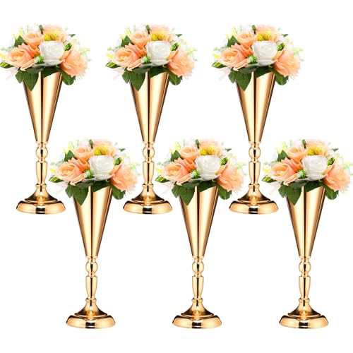Potchen 6 Pcs Flower Trumpet Gold Vase Tabletop Centerpiece Gold Tall Flower Vases Bulk Wedding Table Decorative Centerpiece Table Decorations Arrangements for Floral Party Anniversary Birthday(M) - size: Medium