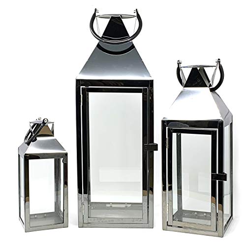 Allgala 3-PC Lantern Set 24 Inch Jumbo Deluxe Modern Indoor/Outdoor Candle Lantern Set Black Stainless Steel Frame Tempered Glass Pyramid Top for Garden Poolside Fireplace Wedding - color: Pyramid Top Black