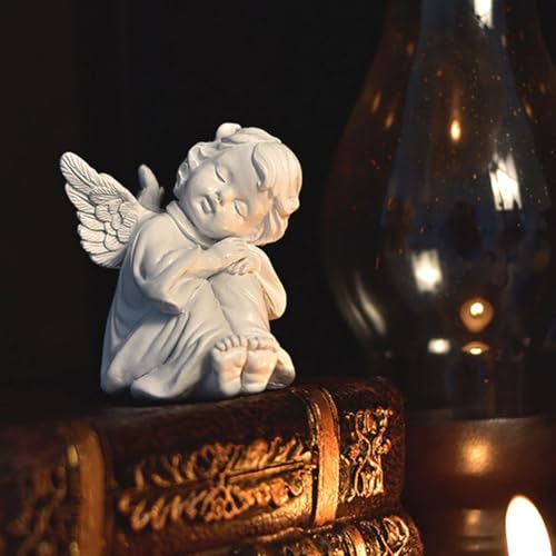 OwMell Little Angel Statue Figurine, Resin Cherub Statue Sleeping Angle Sculpture, Remembrance Healing Sympathy Gift for Memorial, Shelf Home Living Room Desktop Office Decoration - White - color: White