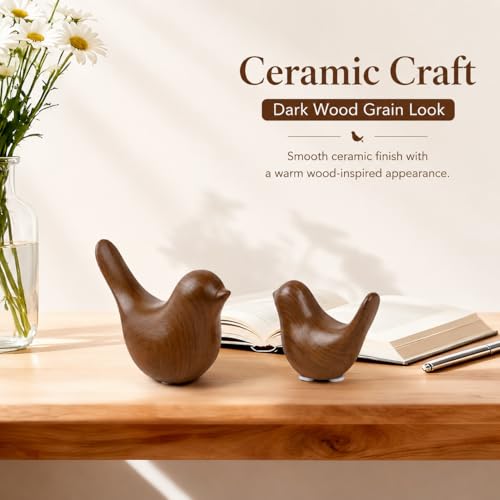 2 Pcs Ceramic Bird Figurines with Dark Wood Grain Look, Small Bird Statues for Home Decor, Modern Animal Sculptures, Shelf Decor, Bookshelf Decor, Tabletop Decorations for Living Room Office - color: Dark Wood Grain
