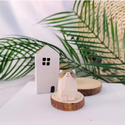Wooden Cat Figurines Sculpture Statue Lovely Small Carved Orange Cat Statue Handmade Wood Kitten Art Carving Work for Home Office Decoration (Little White Gray Cat) - color: Little White Gray Cat