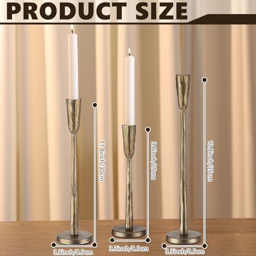 Qinyoung Set of 3 Antique Brass Candlestick Holders Cast Iron Taper Candle Holder Vintage Decorative Candle Stand Candlestick Holder for Wedding Table Dining Home Decoration