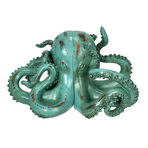 Aqua Green Octopus Bookends Set of 2 – Coastal Nautical Polyresin Wall Decor for Bookshelves, Office, Bedroom, Living Room, Beach House, Animal Ocean Themed, Felt Pad Feet, Unique Gift for Book Lovers - color: Octopus - Aqua Green