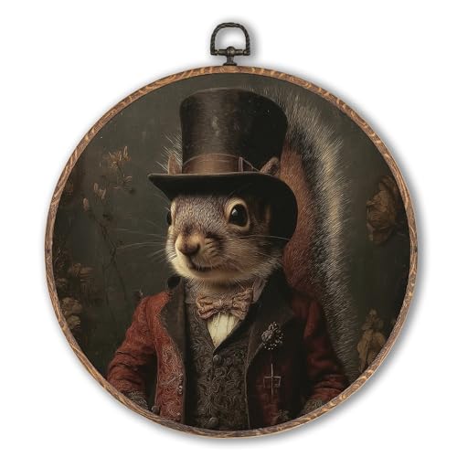Hxlac Victorian Squirrel Round Wall Art Framed, Vintage Victorian Style Animal Round Wall Decor, Autumn Squirrel Hanging Canvas Prints Wall Sculptures for Farmhouse Home Room Decor, 10x10 Inch - color: squirrel victorian