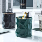 Ceramic Irregular Round Pen Holder For Desk Cute Stand Gold Line Aesthetic Pencil Cup Pot Desk Organizer for Men Women Makeup Brush Holder (Black) - color: Black