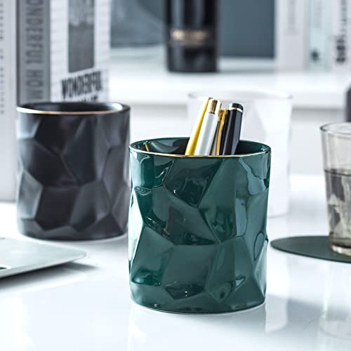Ceramic Irregular Round Pen Holder For Desk Cute Stand Gold Line Aesthetic Pencil Cup Pot Desk Organizer for Men Women Makeup Brush Holder (Black) - color: Black