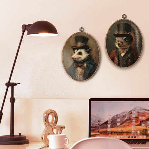 Hxlac Victorian Opossum Squirrel Oval Wall Art Framed Set of 2, Vintage Victorian Style Animal Oval Wall Decor, Autumn Squirrel Hanging Canvas Prints Wall Sculptures for Home Room Decor, 8.5x11.5 Inch - color: oval animal