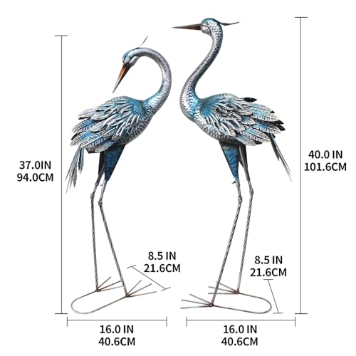 37-40Inch Outdoor Crane Garden Statues, Blue Heron Garden Statues, Large Metal Cranes for Yard, Lawn, Patio, Pond, Set of 2 - color: Blue