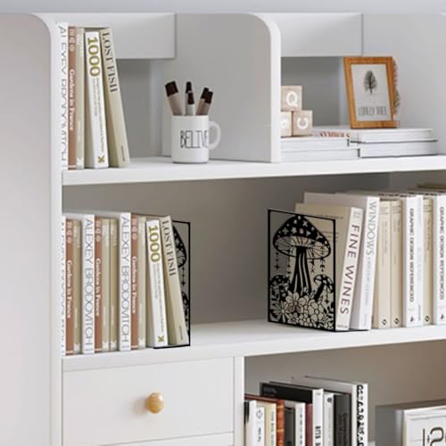 Mushroom Book Ends Stars Moon Metal Non-Slip Heavy Duty Book Shelf Holders Black Flowers Grass Reading Decorative Bookends for Shelf Decor(2pcs) Back to School - style: Mushroom,Moon
