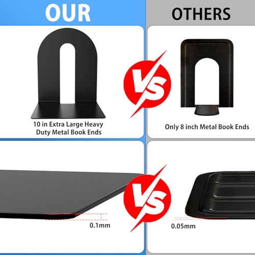 Heavy Duty 10" Bookends,Steel Black Metal Bookends(2 Pairs-4 pcs) - size: 4 pcs