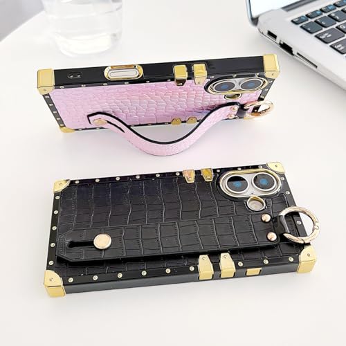 Compatible with iPhone 17 Case Luxury Designer for Women Girls,Rectangle Crocodile Leather with Wristband Strap Stand Holder Protective Phone Cover for iPhone 17-6.3 inch (White) - color: White, size: For iPhone 17