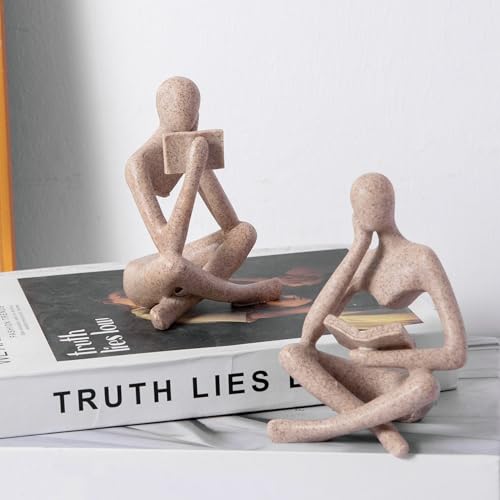 Reading Thinker Statue, Sculptures Abstract Art Ornament, Modern Aesthetic Figurine Decoration Set of 2 Status for Home Living Room Bedroom Office Shelf Table Desk Bookshelf Decor (Sandstone) - color: Sandstone