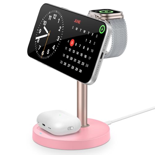 3 in 1 Magnetic Wireless Charging Station, 15W Fast Charger Stand for iPhone, Phone Charger Stand for Desk Nightstand, for iPhone 17/16/15/14/13/12, Apple Watch & AirPods, Adapter Not Included -Pink - color: Pink