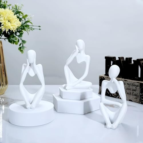 Thinker Statues Home Decor, Set of 3 Pcs White Resin Trendy Abstract Art Sculpture Collectible Figurines Home Office Bookshelf Bedrooms Living Room Coffee Shops Desktop Decoration Aesthetic Ornaments - color: White