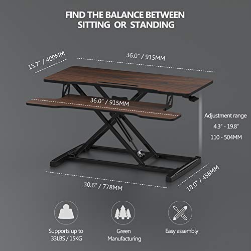 FITUEYES Height Adjustable Standing Desk 36” Wide Sit to Stand Converter Stand Up Desk Tabletop Workstation for Laptops Dual Monitor Riser Brown SD309102WE - color: Brown