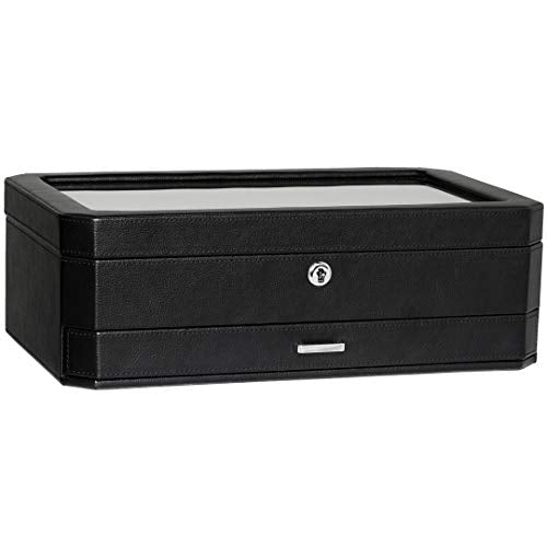 ROTHWELL 12 Slot Leather Watch Box with Valet Drawer - Luxury Watch and Jewelry Case Display Organizer, Microsuede liner, Mens Locking Storage Holder Large Glass Top (Black/Grey) - color: Black/Grey