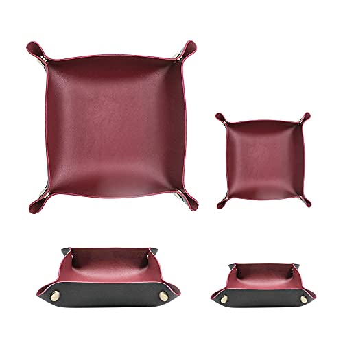 2 Size Leather Valet Tray Organizer, Folding Travel Organizer, Jewelry Tray, For Travel, Home Or Office | Plain Weave, Double Complexion - Red & Black - color: Red & Black