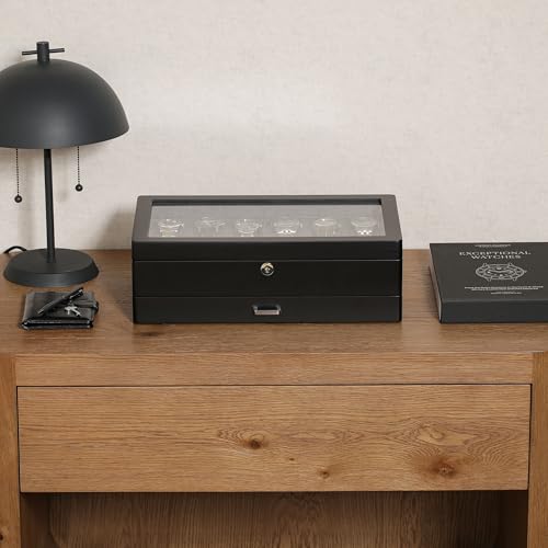 ROTHWELL 12-Slot Matte Black Watch Box with Valet Drawer - Premium Jewelry Display Case Organizer with Locking Glass Top and Microsuede Liner for Men & Women (Carbon Interior) - color: Matte Black / Grey Carbon