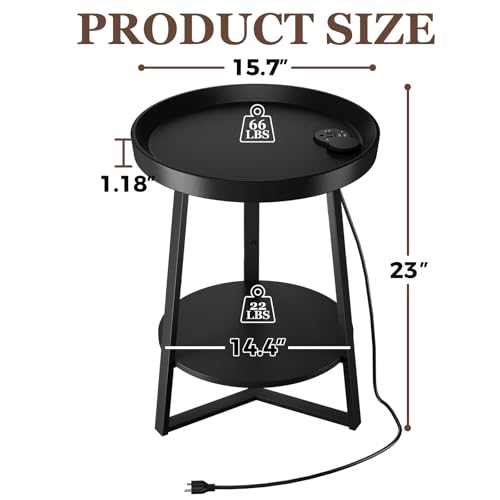 Gadroad Round End Table with Charging Station, USB Ports and Anti-Drop Fence, Wood Tabletop & Black Metal Frame, 2-Tier Side Table for Living Room, Bedroom, Black 15.7 * 15.7 * 23.0 inches - color: Black, style: with Charging Station